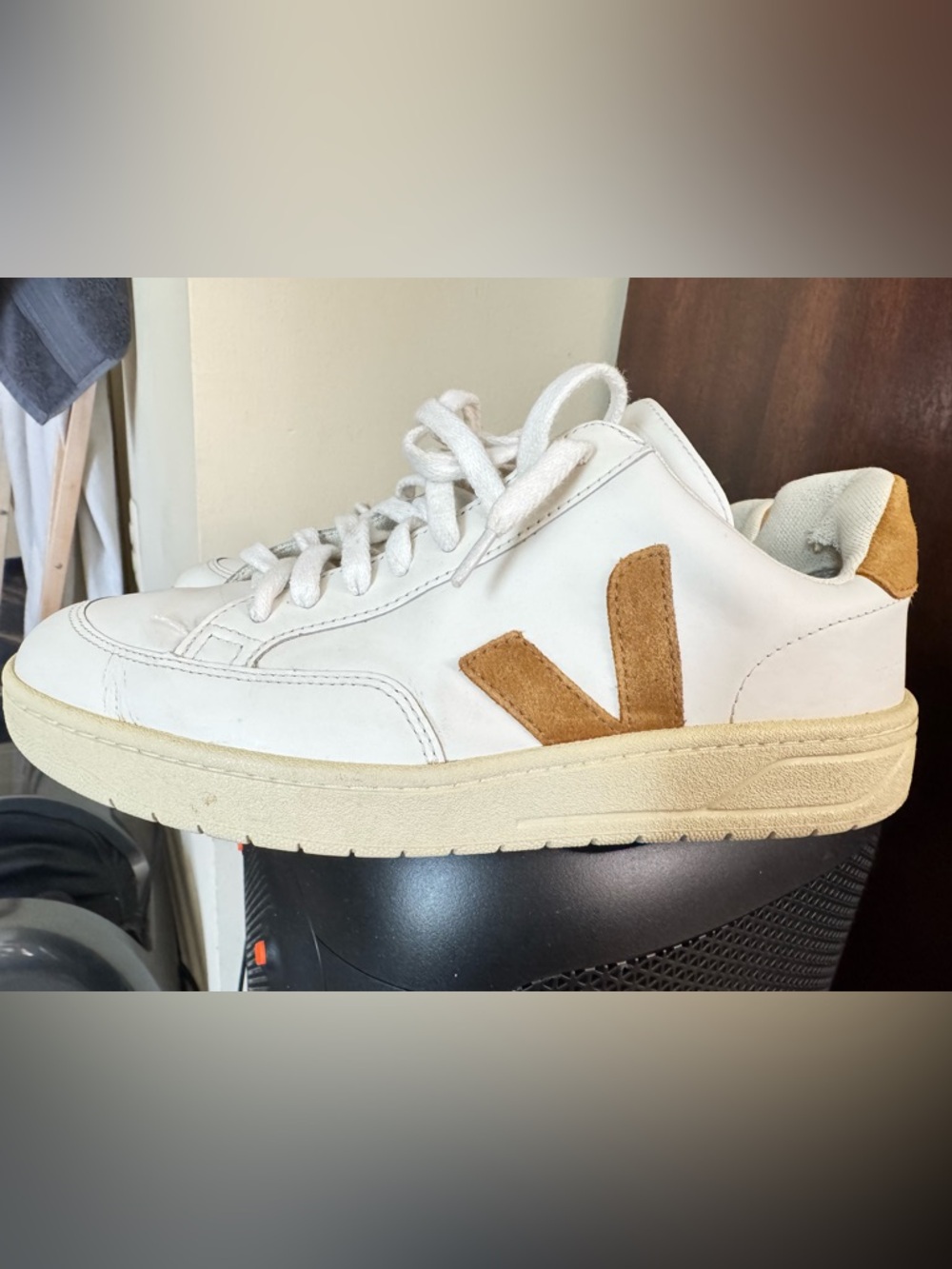 Veja White Leather Sneakers with Tan Suede V Logo